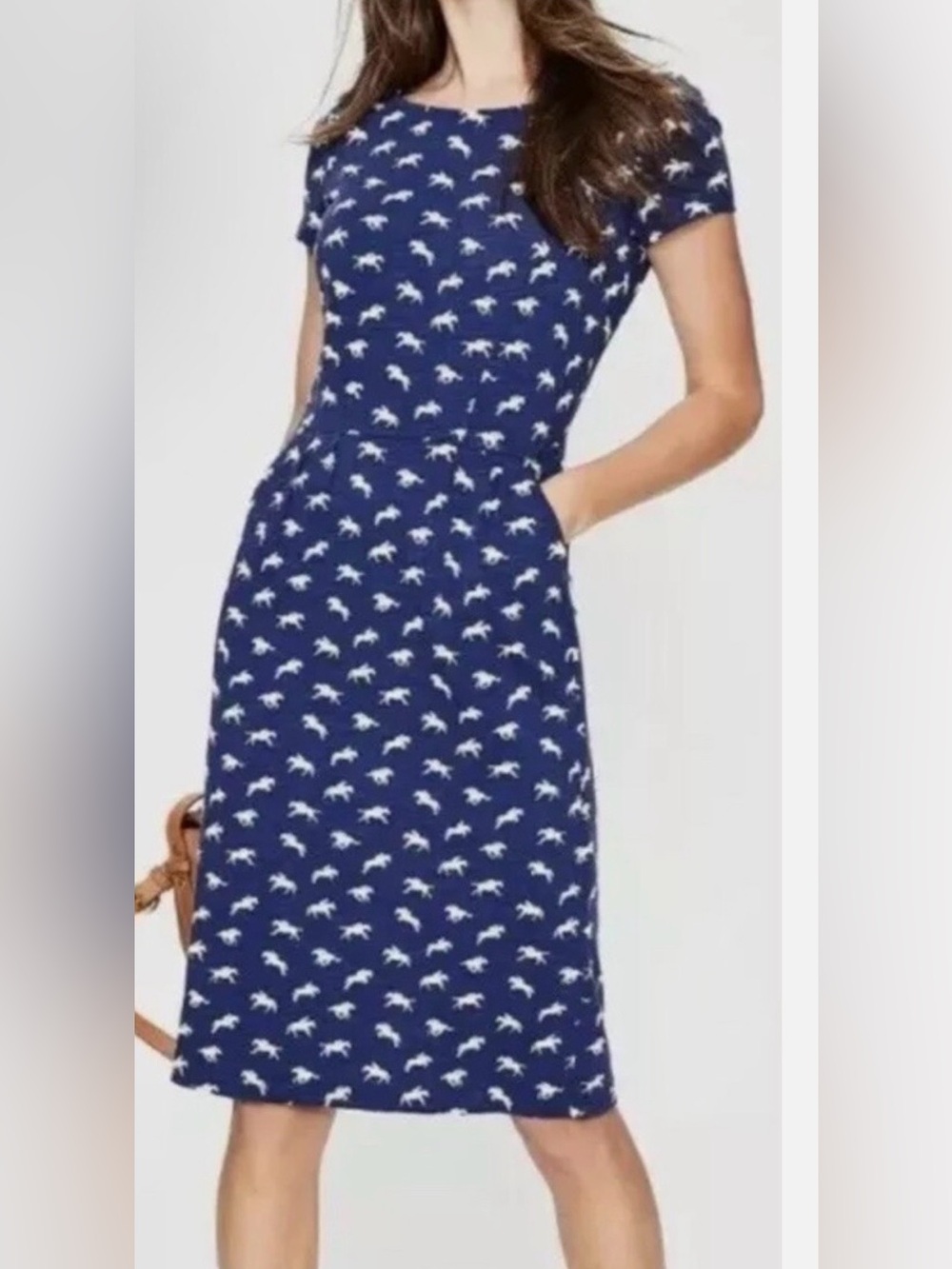 Boden Phoebe Navy Jersey Dress with White Horse Equestrian Print